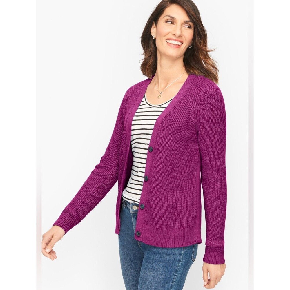 Talbots Shaker Stitch V-Neck Cardigan Magenta Size 1XP